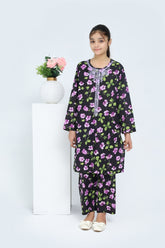 Plum 100% Cotton Lawn Black Colour Printed Purple Green Flowers Embroidered Purple threads On Stitched 2 pc suit for Girls.
